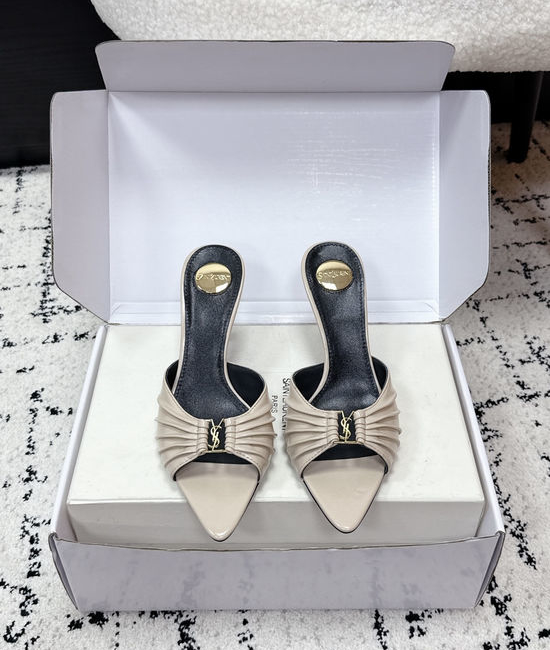 Yves Saint Laurent YSL Ruched Pointed Toe Stiletto Heel Mules Premium Leather