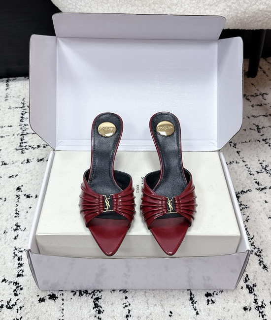 Yves Saint Laurent YSL Ruched Pointed Toe Stiletto Heel Mules Premium Leather