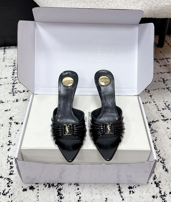 Yves Saint Laurent YSL Ruched Pointed Toe Stiletto Heel Mules Premium Leather