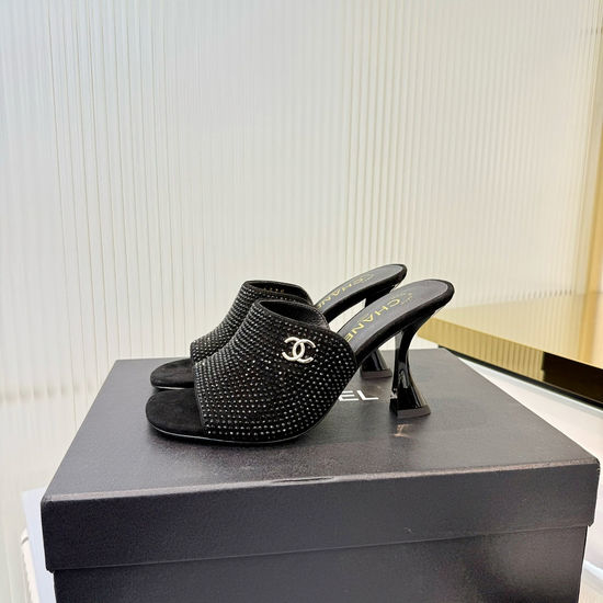 Chanel Classic Logo High Heel Slide Sandals Premium Leather