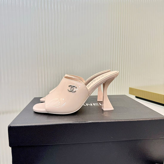 Chanel Classic Logo Decor Sheepskin High Heel Slide Slippers