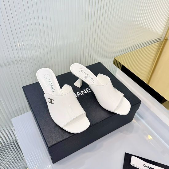 Chanel Classic Logo Decor Sheepskin High Heel Slide Slippers