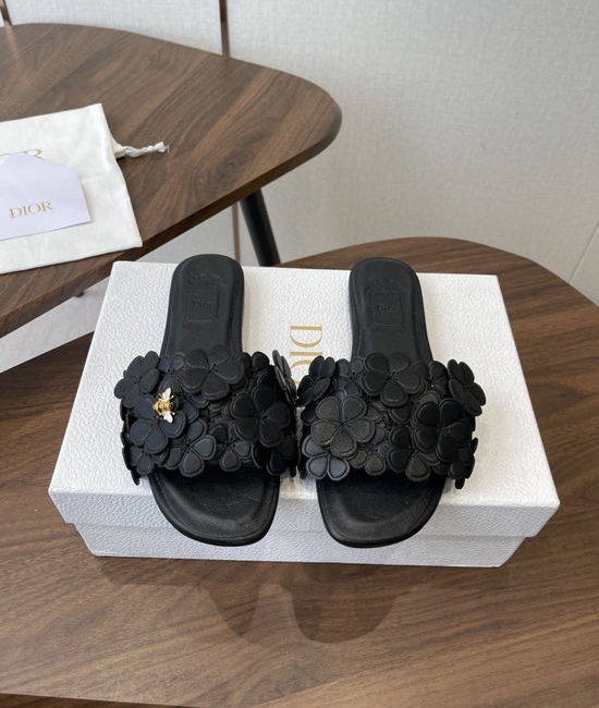 Christian Dior CD Floral Decor Flat Sandals Genuine Leather Lining Durable Outsole