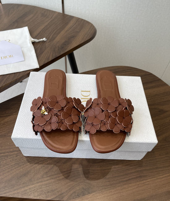 Christian Dior CD Floral Decor Flat Sandals Genuine Leather Lining Durable Outsole