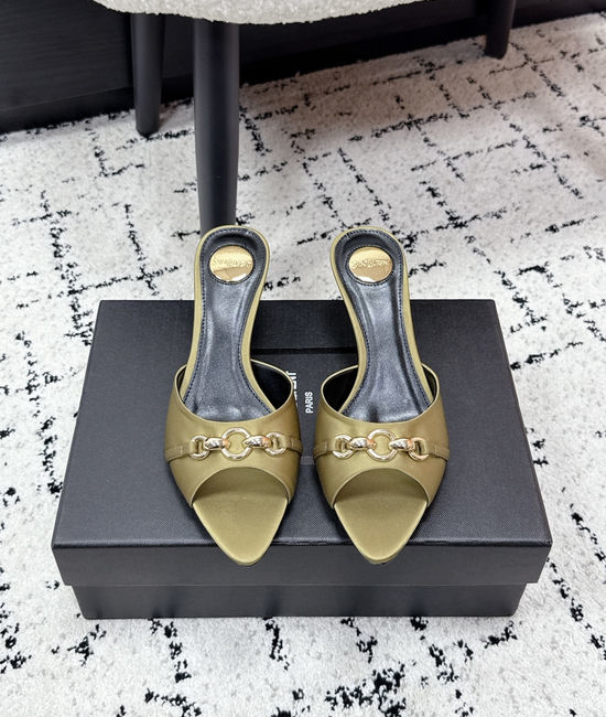 Yves Saint Laurent YSL Chain Decor Pointed Toe Stiletto Heel Mules Leather Sole
