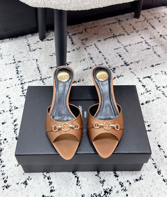 Yves Saint Laurent YSL Chain Decor Pointed Toe Stiletto Heel Mules Leather Sole