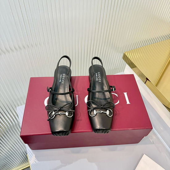 Gucci Bow Decor Buckle Leather Soft Lining Low Heel Dress Sandals