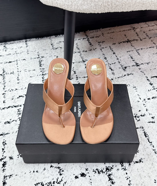 Yves Saint Laurent YSL High Heel Silk Upper Thong Sandals With Leather Sole