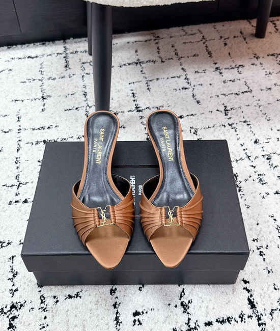 Yves Saint Laurent YSL Ruched Pointed Toe Stiletto Heel Mules Leather Lined