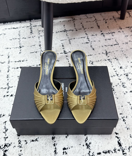 Yves Saint Laurent YSL Ruched Pointed Toe Stiletto Heel Mules Leather Lined