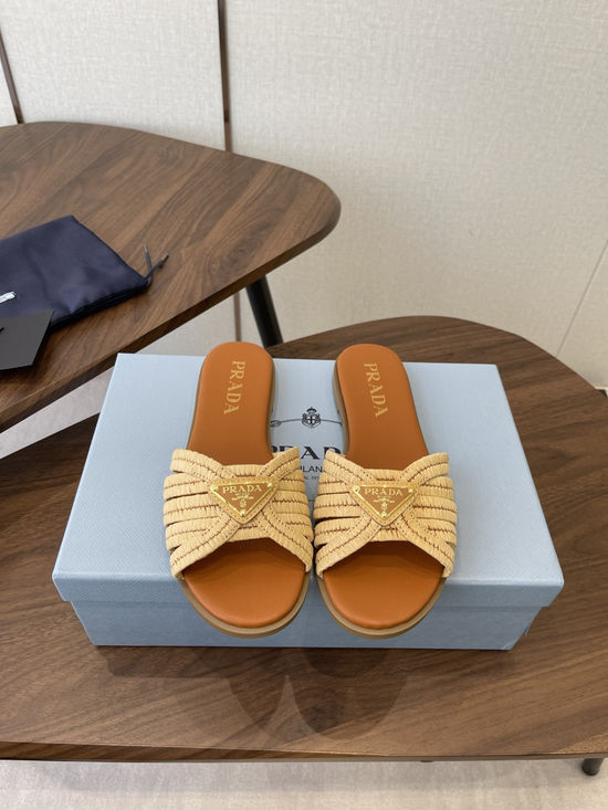 Prada Woven Upper Genuine Leather Elegant Slides