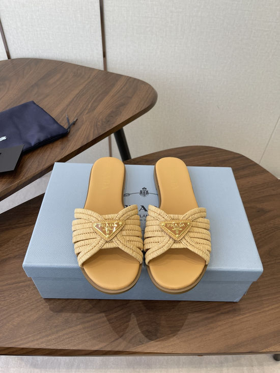 Prada Woven Upper Genuine Leather Elegant Slides