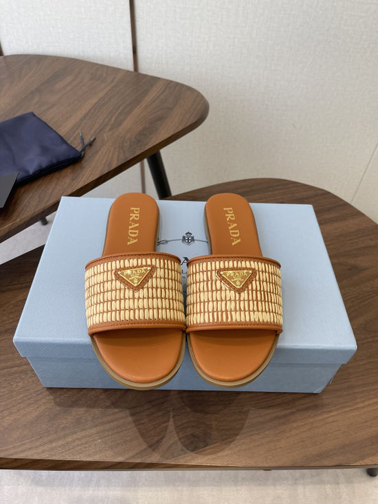 Prada Woven Upper Genuine Leather Elegant Slides