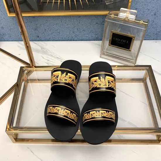 Versace Printed Cowhide Flat Slide Sandals With Soft Lining