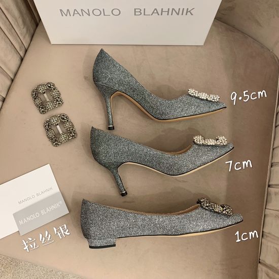 Manolo Blahnik Rhinestone Buckle Silk Upper Pointed Toe Pumps