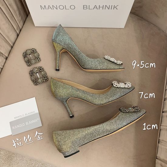 Manolo Blahnik Rhinestone Buckle Silk Upper Pointed Toe Pumps