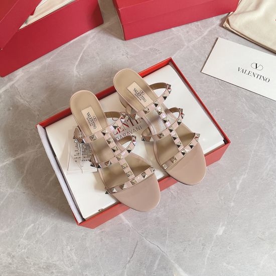 Valentino Rivet Decor Block Heel Slide Sandals Genuine Leather