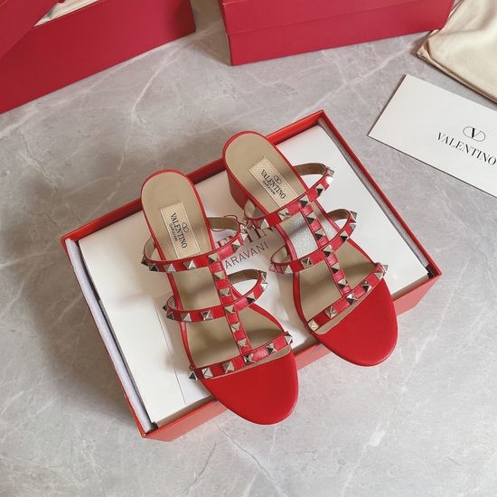 Valentino Rivet Decor Block Heel Slide Sandals Genuine Leather