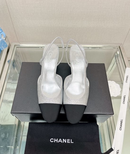 Chanel Classic Two Tone Glitter Slingback Sandals Genuine Leather Sole