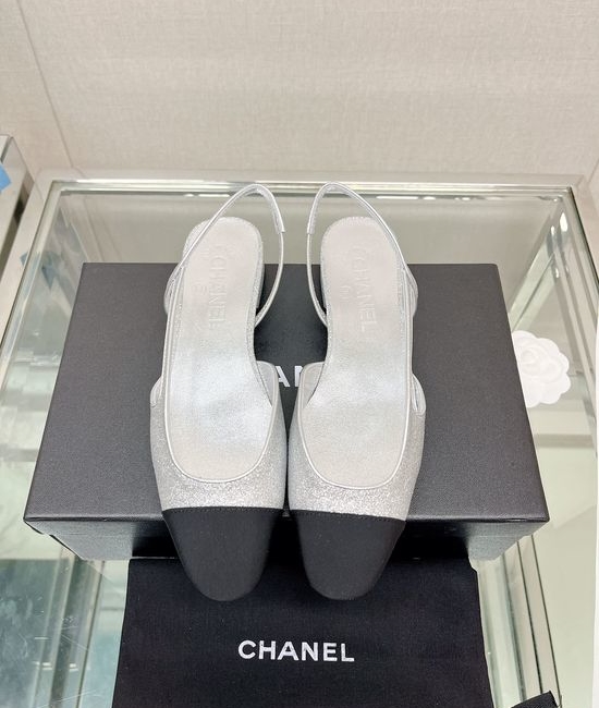 Chanel Classic Two Tone Glitter Slingback Sandals Genuine Leather Sole
