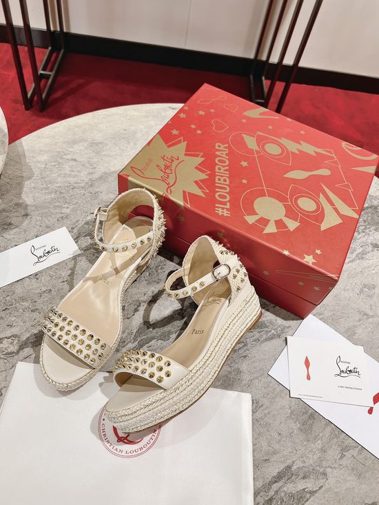 Christian Louboutine Embroidered Wedge Platform Sandals with Metal Details