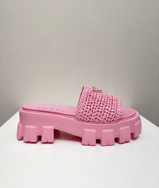 Prada Woven Platform Comfortable Sandals with Metal Logo Detail