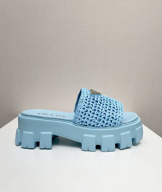 Prada Woven Platform Comfortable Sandals with Metal Logo Detail