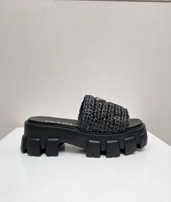 Prada Woven Platform Comfortable Sandals with Metal Logo Detail
