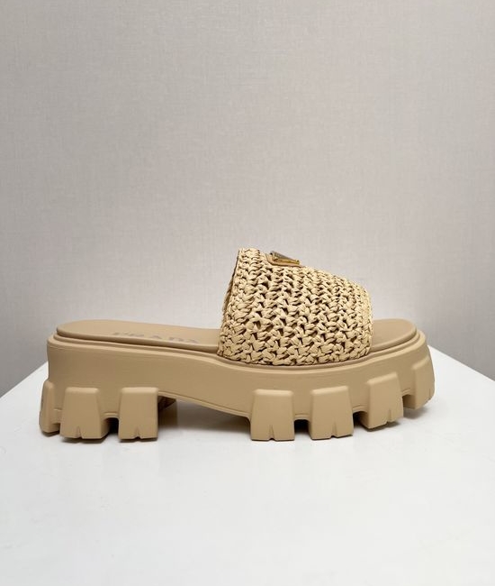 Prada Woven Platform Comfortable Sandals with Metal Logo Detail