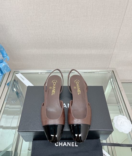 Chanel Stone Pattern Leather Slingback Sandals Classic Two Tone Shoes