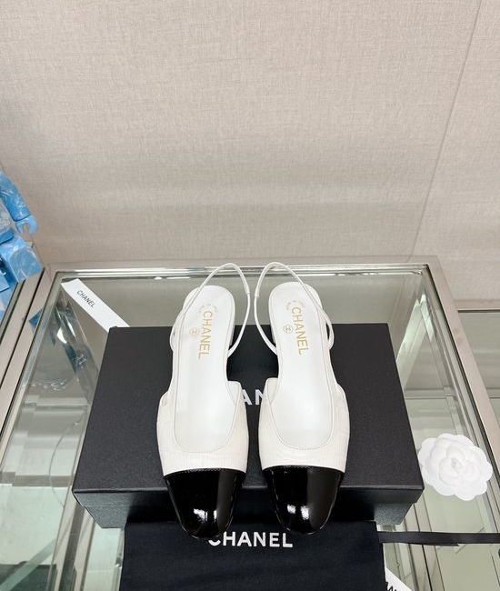 Chanel Stone Pattern Leather Slingback Sandals Classic Two Tone Shoes
