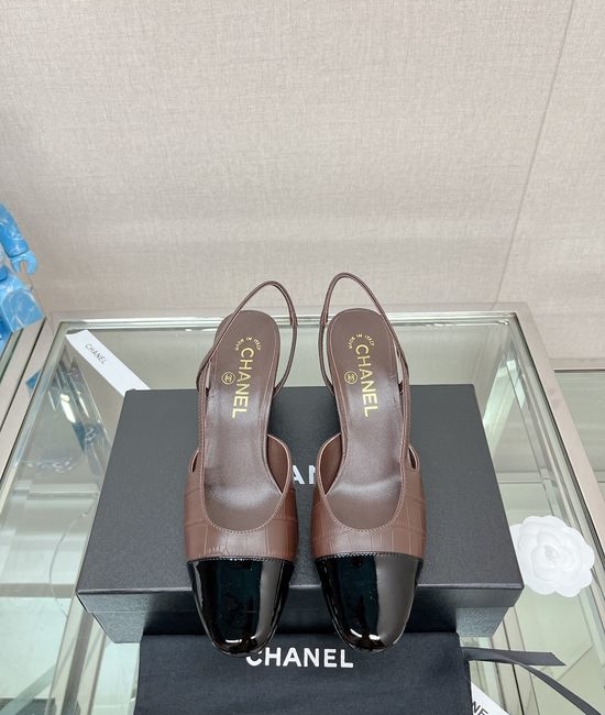 Chanel Stone Pattern Leather Slingback Sandals Classic Two Tone Shoes