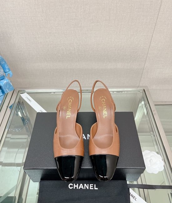 Chanel Stone Pattern Leather Slingback Sandals Classic Two Tone Shoes