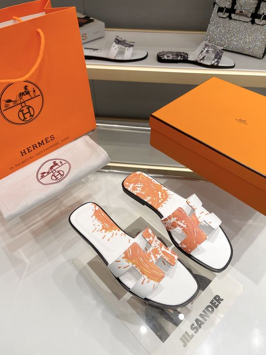 Hermes Premium Handmade Printed Leather Slides With Full Grain Insole