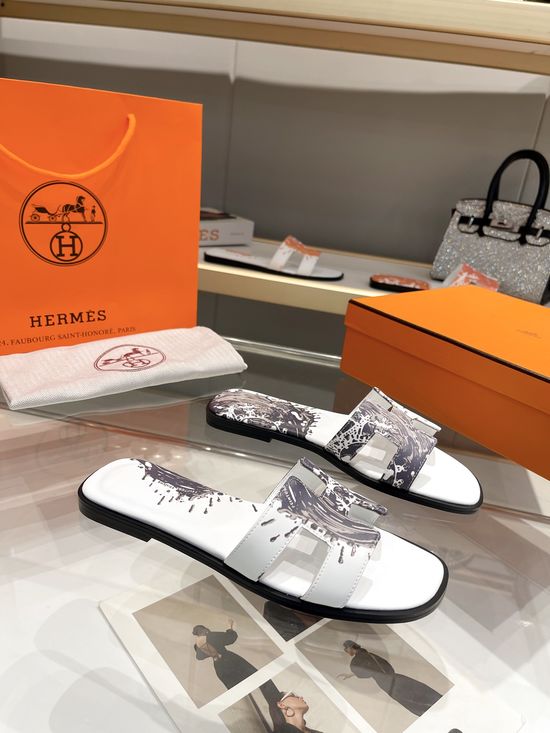 Hermes Premium Handmade Printed Leather Slides With Full Grain Insole
