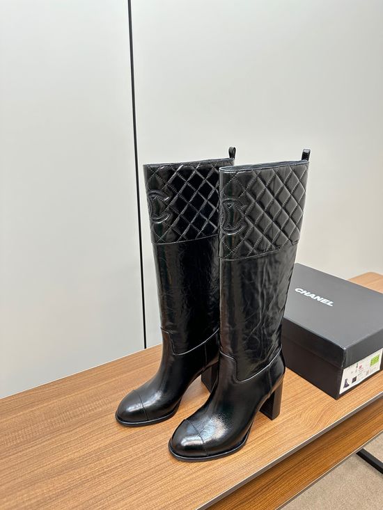 Chanel Genuine Leather Quilted Knee High Riding Boots