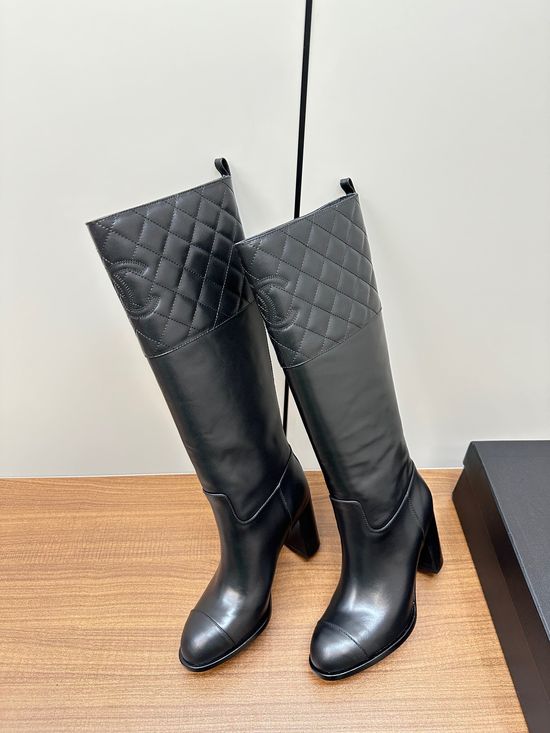 Chanel Genuine Leather Quilted Knee High Riding Boots