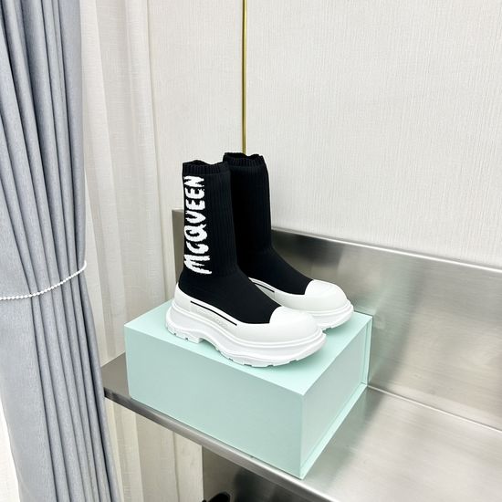 McQueen Stretchy Knit Ankle Boots with Embroidered Logo