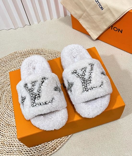 Louis Vuitton LV Fuzzy Plush Slippers Rhinestone Buckle Soft Warm Home Shoes