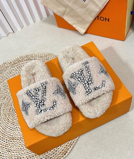 Louis Vuitton LV Fuzzy Plush Slippers Rhinestone Buckle Soft Warm Home Shoes
