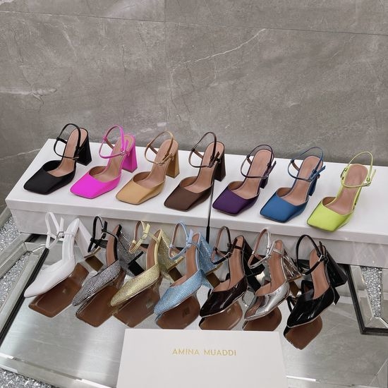 Amina Muaddi Satin Block Heel Square Toe Dress Shoes