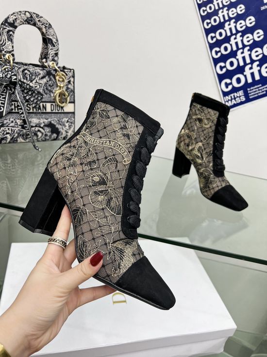 Christian Dior Embroidered Jacquard Mesh Heeled Boots with Gold Butterfly Detail
