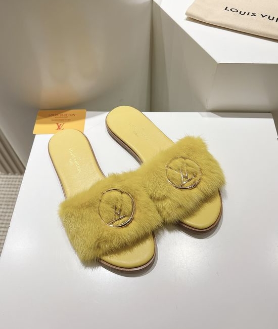 Louis Vuitton LV Genuine Leather Mink Fur Open Toe Flat Slides Luxury