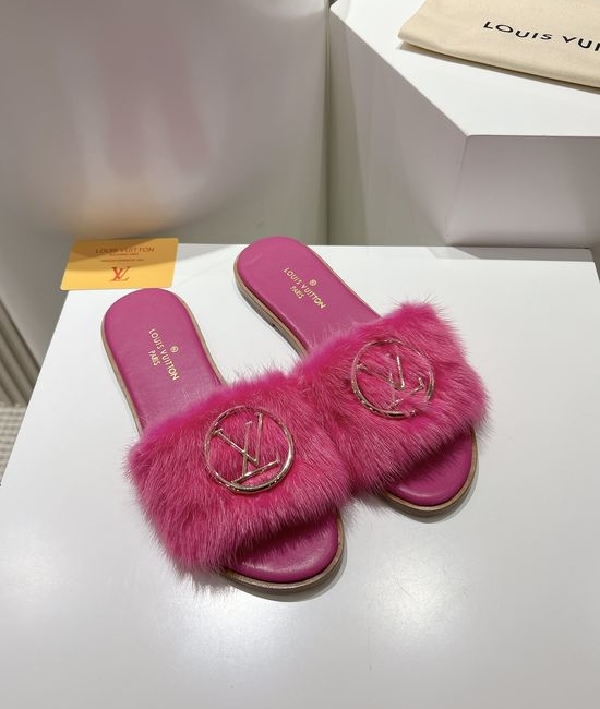 Louis Vuitton LV Genuine Leather Mink Fur Open Toe Flat Slides Luxury
