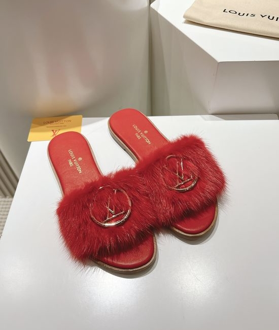 Louis Vuitton LV Genuine Leather Mink Fur Open Toe Flat Slides Luxury