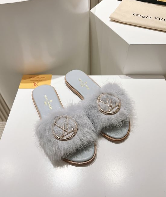 Louis Vuitton LV Genuine Leather Mink Fur Open Toe Flat Slides Luxury