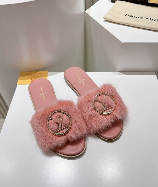 Louis Vuitton LV Genuine Leather Mink Fur Open Toe Flat Slides Luxury