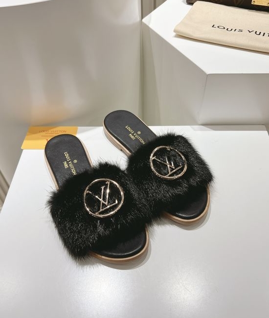 Louis Vuitton LV Genuine Leather Mink Fur Open Toe Flat Slides Luxury