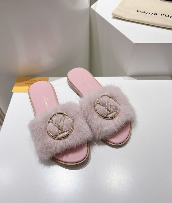 Louis Vuitton LV Genuine Leather Mink Fur Open Toe Flat Slides Luxury