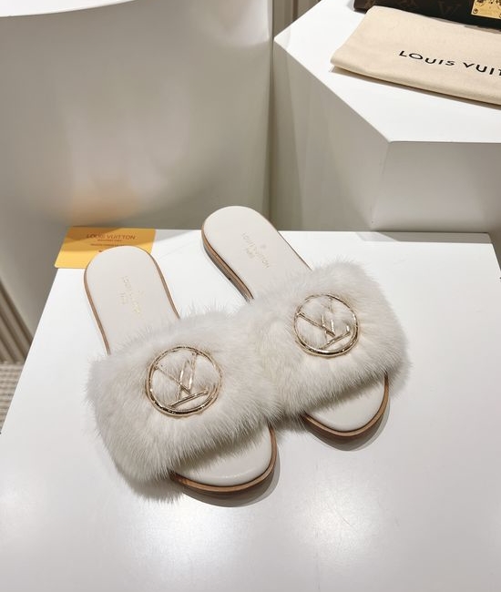 Louis Vuitton LV Genuine Leather Mink Fur Open Toe Flat Slides Luxury